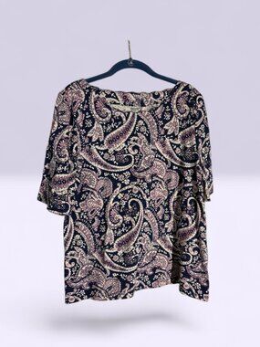 Talbots Purple, Navy, & White 100% Pima Cotton Short Sleeve Paisley Top Sz L